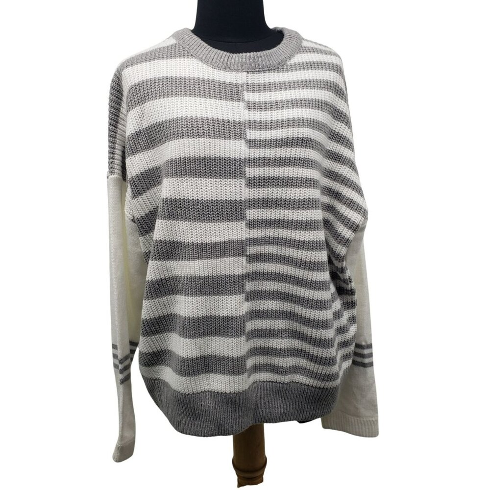 NEW Catherine Malandrino Gray White Knit Mixed Stripe Crew Neck Sweater Women XL